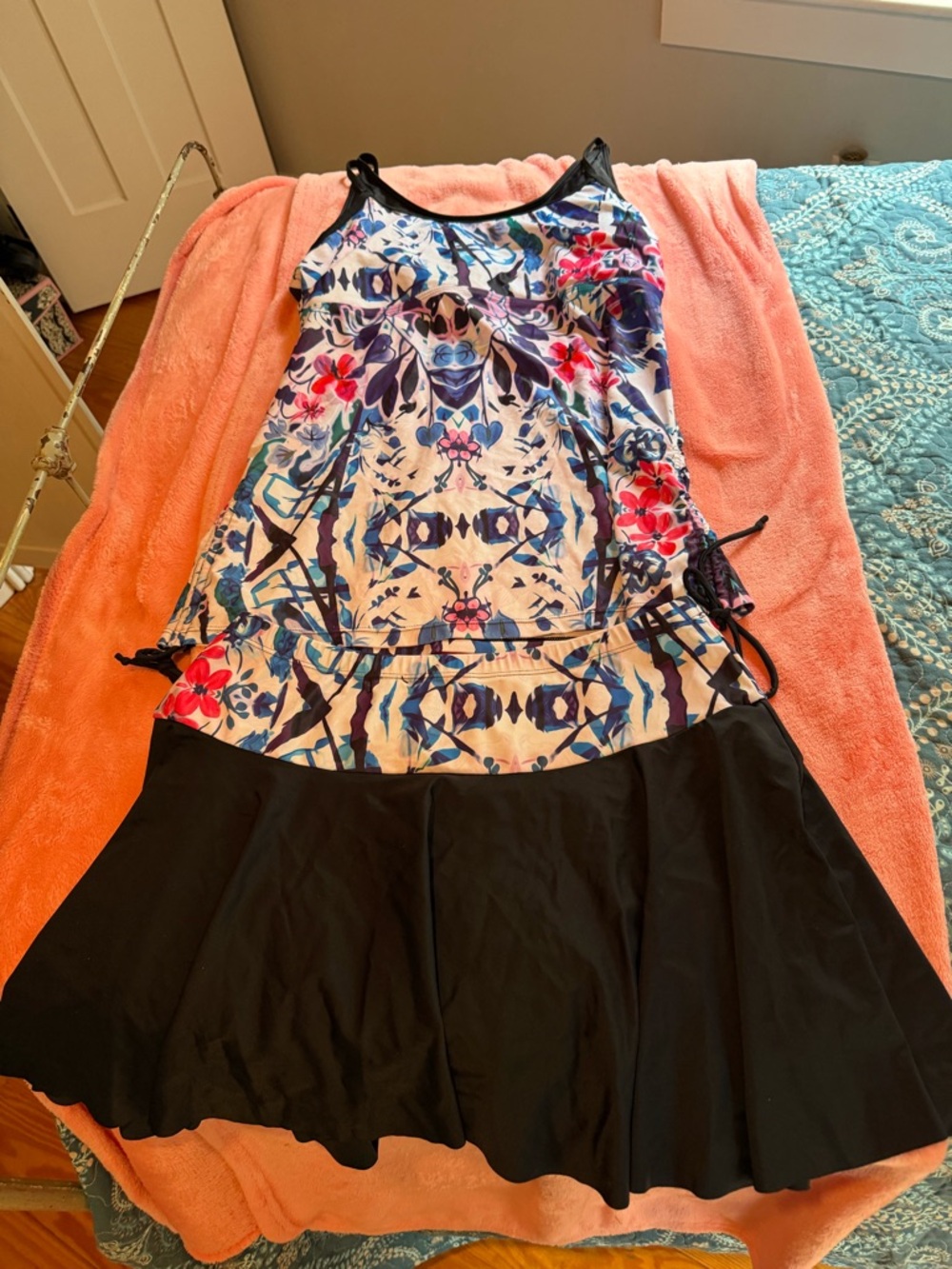 Floral Print bathing suit top and bottom with Black Skirt